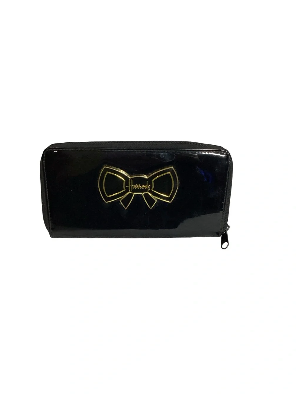 Harrods’ London Black Faux Patent Logo Bow Zip Around Long Wallet EUC